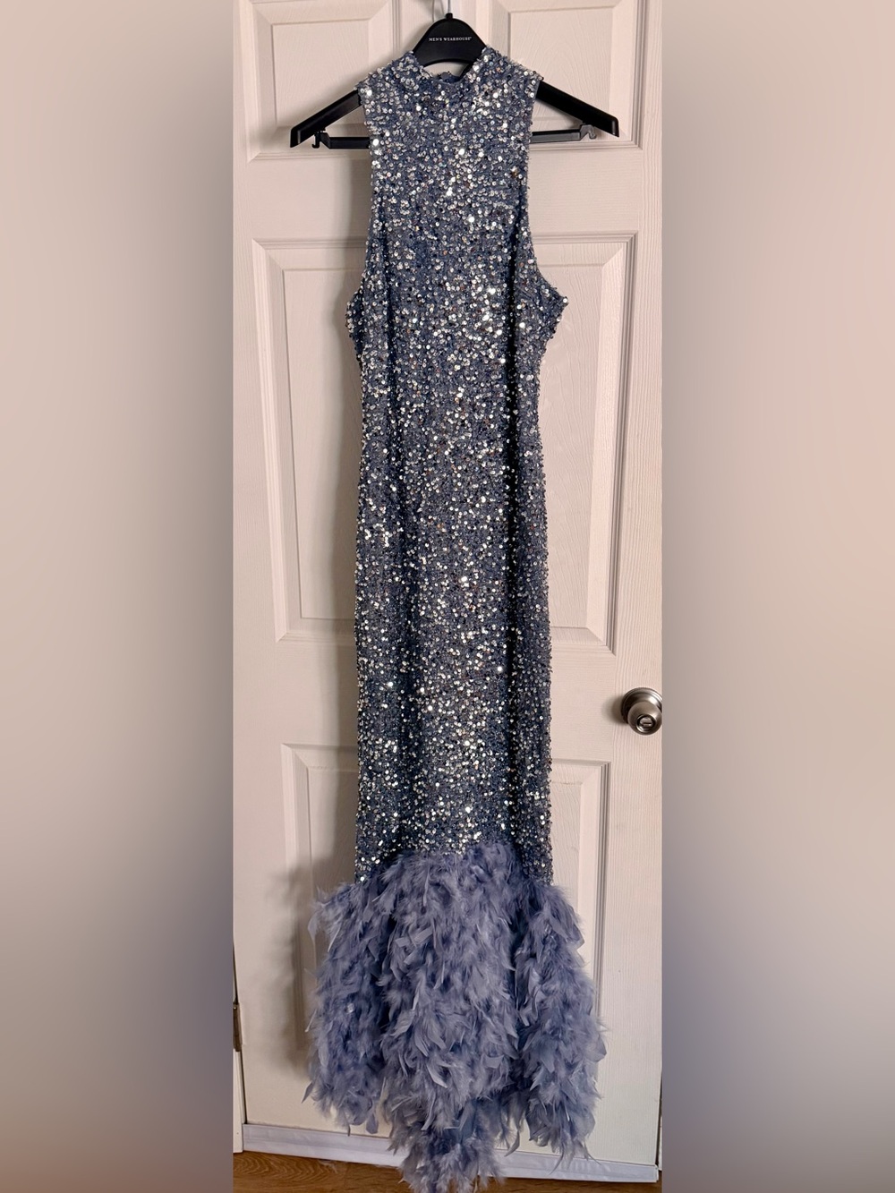 Fashion Nova Blue Sequin Feather Hem Prom Dress